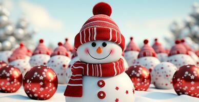 Winter holiday christmas background banner - Close-up of snowmen on snowy bokeh background - AI generated image photo