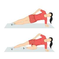 Woman doing side plank crunches exercise at gym. Flat vector illustration