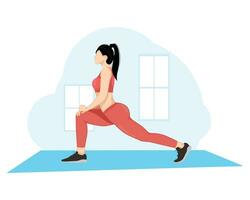 Young beautiful young woman in sportswear doing stretching while standing in front of window at gym vector