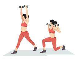 Woman doing split squat with overhead press, glute exercises and workouts flat vector illustration