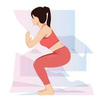 mujer practicando silla pose, utkatasana yoga ejercicio. vector