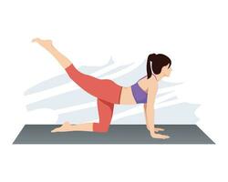 Woman doing bird dog yoga exercise to train core muscle on grey mat vector