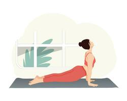 mujer haciendo hacia arriba frente a perro pose, práctica urdhva mukha svanasana, practicando yoga ejercicio vector