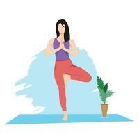 Girl doing Tree Pose, Vrksasana yoga, practicing yoga exercise vector