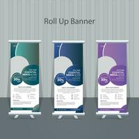 Roll up banner design template, with 3 designs, 3 colors. editable roll-up banner vector template. Corporate business advertising marketing.