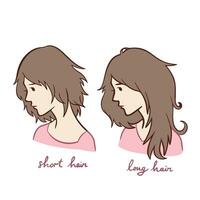 Short and long hair of a woman with brown hair, light skin tone, and pink shirts. Simple flat outlined cartoon art styled drawing of human figure. Comparison hair cut side to side. vector