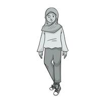Young girl wearing hijab, long sleeved shirt, long pants, and sneakers shoes vector illustration isolated on square white background. Grayscale colored flat outlined cartoon art styled drawing.