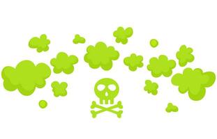 Smelling green cartoon fart cloud style design vector illustration with crossbone skull. Stinky smoke  set. Green fart clouds, toxic steam, odor. For bad smell, disgusting stink, poor hygiene