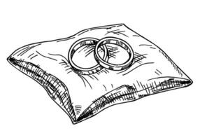 par de tradicional Boda anillos en Exquisito almohada en Clásico grabado, bosquejo estilo. mano dibujo de anillos para novia y acicalar, símbolo de eterno amor vector