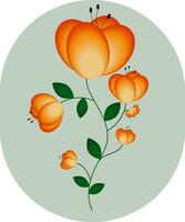 Flower with orange gradient petals and green stems and leaves in an oval vector