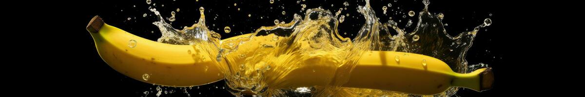 Fresh bananas falling into water with a big splash. Wide banner. Generative AI photo