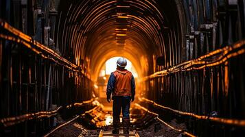 túnel ingeniero en oscuro ferrocarril túnel construcción sitio. pesado trabajo subterráneo. generativo ai. foto