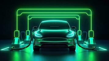An Electric car at charging station. Front view electric car silhouette with green glowing on dark background. Automotive technology concept. Generative Ai photo