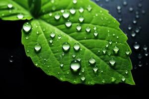 Ai. Water drop. fresh green leaf with water drop. Generative AI. photo