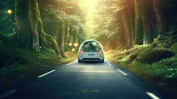 un eléctrico coche energía para ambiente, ev coche en bosque la carretera con tierra planeta yendo mediante bosque eléctrico coche con naturaleza. automotor innovación y tecnología conceptos. generativo ai foto