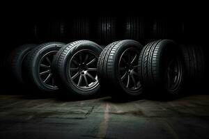 Car tires on dark background. Generative AI photo