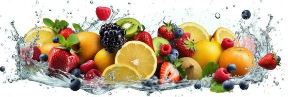 Assortment of Fresh fruits mixed falling into water with a big splash . Wide banner. Generative AI photo