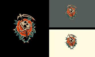 head skull and red flowers vector mascot design