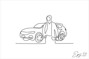 vector illustration continuous line of stylish people in front of car