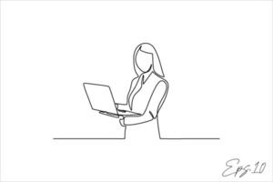 vector illustration continuous line of businesswoman holding laptop