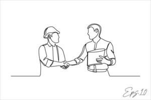 vector illustration continuous line of two contractors shaking hands