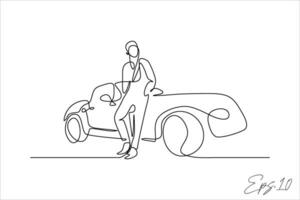 vector illustration continuous line of stylish people in front of car