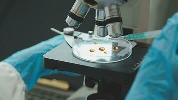 Health care researchers working in life science laboratory. Young female research scientist and senior male supervisor preparing and analyzing microscope slides in research lab. video