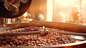 Arabica or Robusta coffee beans, Coffee roaster, Aromatic coffee beans situating in modern equipment with grain chiller. Coffee Bean Roaster Machine. Industry concept. Generative Ai photo