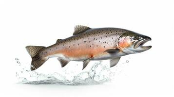 A salmon jumping out of the water isolated on white background. Salmon fish. Generative Ai photo