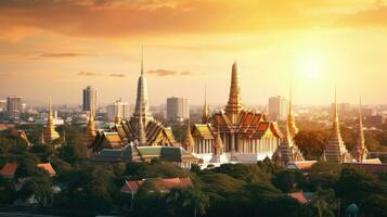 Grand palace and Wat phra keaw at sunset Bangkok, Thailand. Beautiful Landmark. Temple of the Emerald Buddha. Generate Ai photo