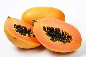 maduro papaya y rebanado papaya aislado en blanco antecedentes. generativo ai foto