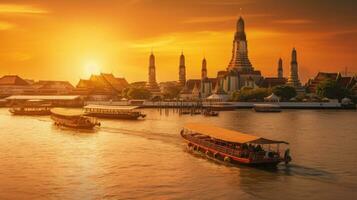 Wat arun in sunset at Bangkok,Thailand. Landmark, Chao Phraya River. Generate Ai photo