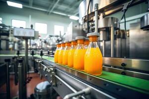 un cinturón o línea en un Fresco naranja bebida con moderno automatizado industrial máquina equipo, embotellado planta y vistoso jugo bebida el plastico botella en el fábrica. generativo ai foto