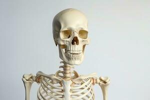 un muerte humano esqueleto modelo aislado en blanco antecedentes. médico educación en humano esqueleto. generativo ai foto