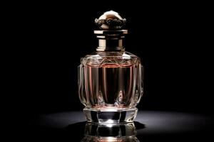 Elegant transparent bottle perfume on black background. Genaretive Ai photo