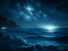 Tranquil Night Seascape with Sparkling Waters and Reflective Moon, Ai Generative photo