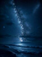 tranquilo noche marina con espumoso aguas y reflexivo luna, ai generativo foto