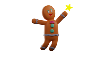 3D illustration. Awesome Gingerbread 3D Cartoon Character. Gingerbread stood up and reached for a shining star. Gingerbread smiled and was happy to see the stars above him. 3D Cartoon Character png