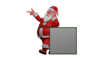 3D illustration. Santa Claus 3D Cartoon Character. Santa Claus stands leaning against a white board. An old Santa propped on his chin and pointing to the side. 3D Cartoon Character png