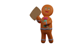 3D illustration. Happy Gingerbread 3D Cartoon Character. Gingerbread carries a wooden sign. Gingerbread smiled broadly and was ready to take part in the day's events. 3D Cartoon Character png