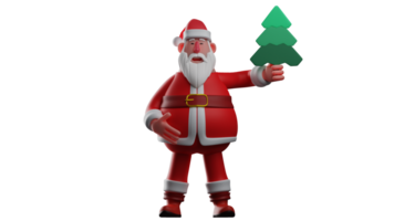 3D illustration. Santa Claus 3D Cartoon Character. Santa Claus shows the miniature Christmas tree he brought. Santa Claus shows his sweet smile to everyone he meets. 3D Cartoon Character png