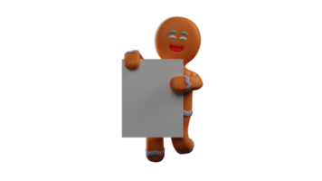 3D illustration. Smart Gingerbread 3D Cartoon Character. Gingerbread brought a white board that he would use to explain things. Gingerbread with white paper in hand. 3D Cartoon Character png