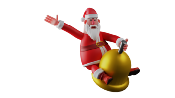 3d Illustration. süß Santa 3d claus Karikatur Charakter. Santa claus Fahrten auf ein Riese golden Glocke. Santa Verbreitung seine Waffen und zeigte ein glücklich Ausdruck. 3d Karikatur Charakter png