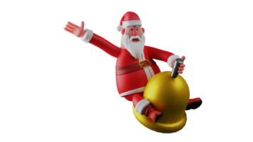 3d illustratie. schattig de kerstman 3d claus tekenfilm karakter. de kerstman claus ritten Aan een reusachtig gouden klok. de kerstman verspreiding zijn armen en liet zien een gelukkig uitdrukking. 3d tekenfilm karakter png