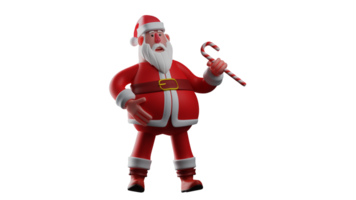 3D illustration. Old Santa Claus 3D Cartoon Character. Santa shows his surprised expression seeing something in front of him. Santa claus holding a Christmas candy cane. 3D Cartoon Character png