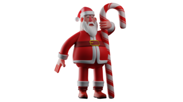 3D illustration. Warm Santa Claus 3D Cartoon Character. Santa hugging a giant candy cane. Santa Claus looked carefully at something in front of him. 3D Cartoon Character png