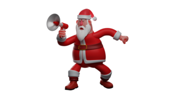 3D illustration. Aged Santa 3D Cartoon Character. Santa Claus gives an announcement to everyone using a megaphone. Excited Santa welcoming Christmas celebration. 3D Cartoon Character png