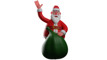 3d illustratie. oud Mens 3d tekenfilm karakter. oud Mens vervelend de kerstman claus kostuum. de kerstman claus draagt een groot zak gevulde met Kerstmis geschenken. 3d tekenfilm karakter png