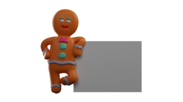 3D illustration. Charming Gingerbread 3D Cartoon Character. Gingerbread leaned against the blackboard beside him. Gingerbread stands in a cool pose. Gingerbread with cute smile. 3D Cartoon Character png