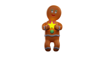 3D illustration. Sweet Gingerbread 3D Cartoon Character. Gingerbread stands holding a shining star with both hands. Cool and adorable gingerbread. 3D Cartoon Character png